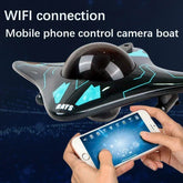 Black and blue remote control camera boat with glossy finish, operated via smartphone app.