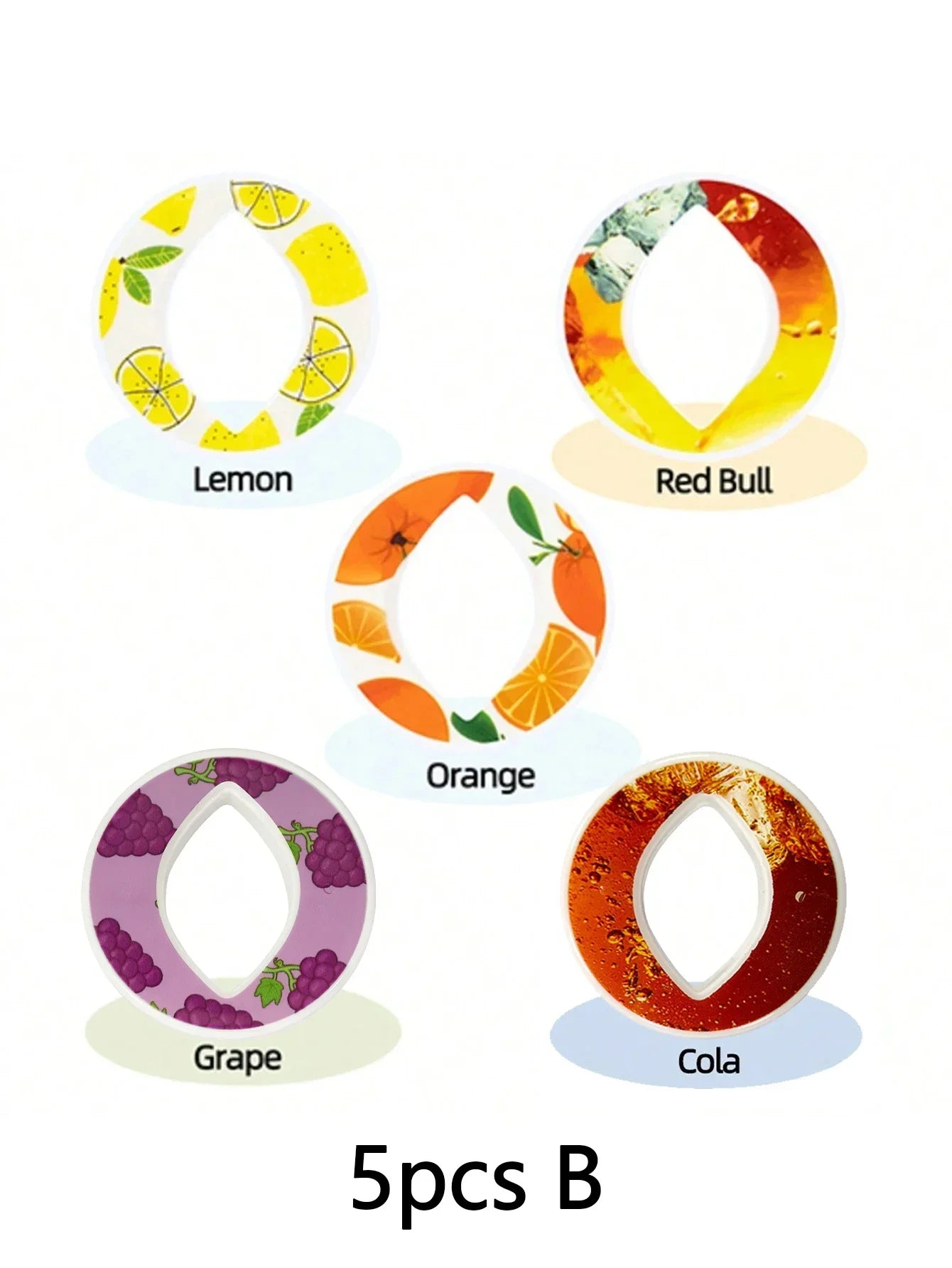 Set of five circular ring covers with fruit and drink patterns in lemon, grape, orange, cola, and Red Bull designs.