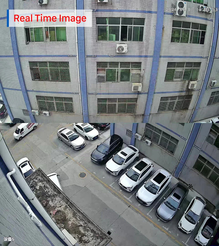 Modern building exterior with large windows, blue accents, and parked cars beside it.
