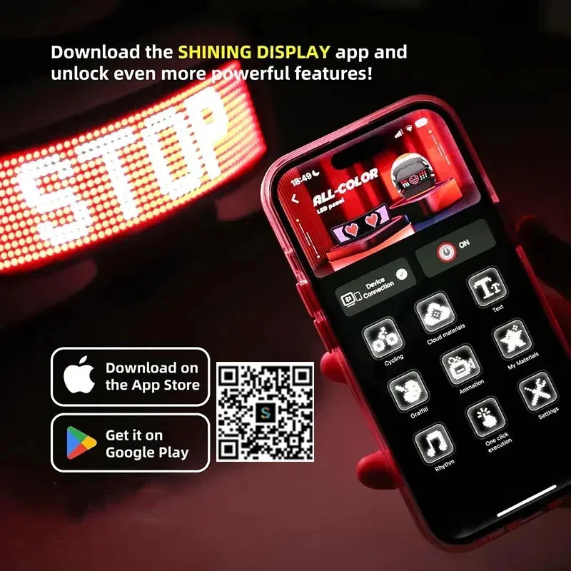 LED display panel showing 'STOP' in red, managed by smartphone app; app interface visible