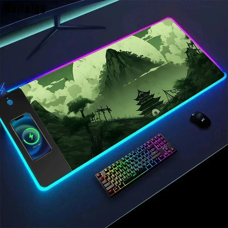RGB gaming desk mat with wireless phone charger, Japanese landscape design, extended size