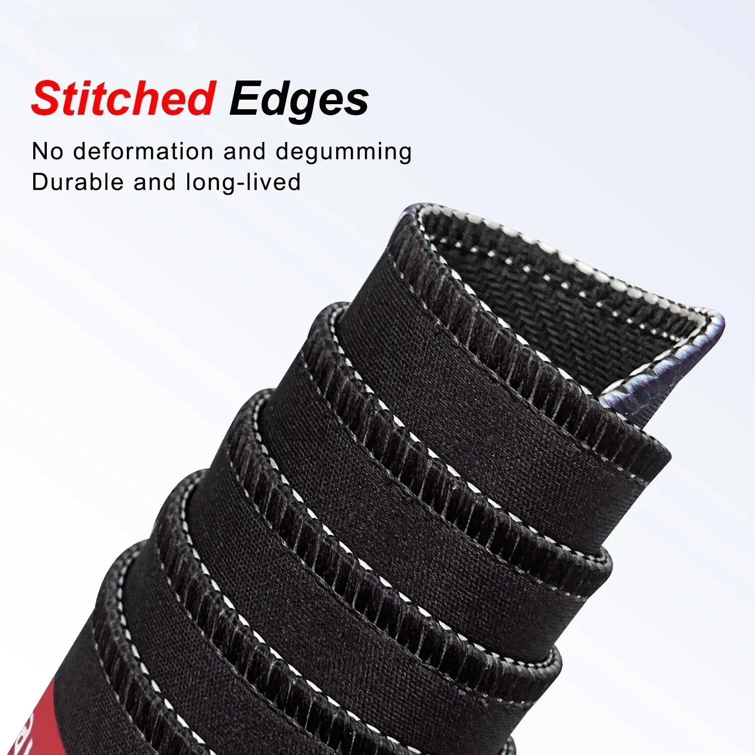 Black neoprene fabric with durable stitched edges, close-up showing material detail