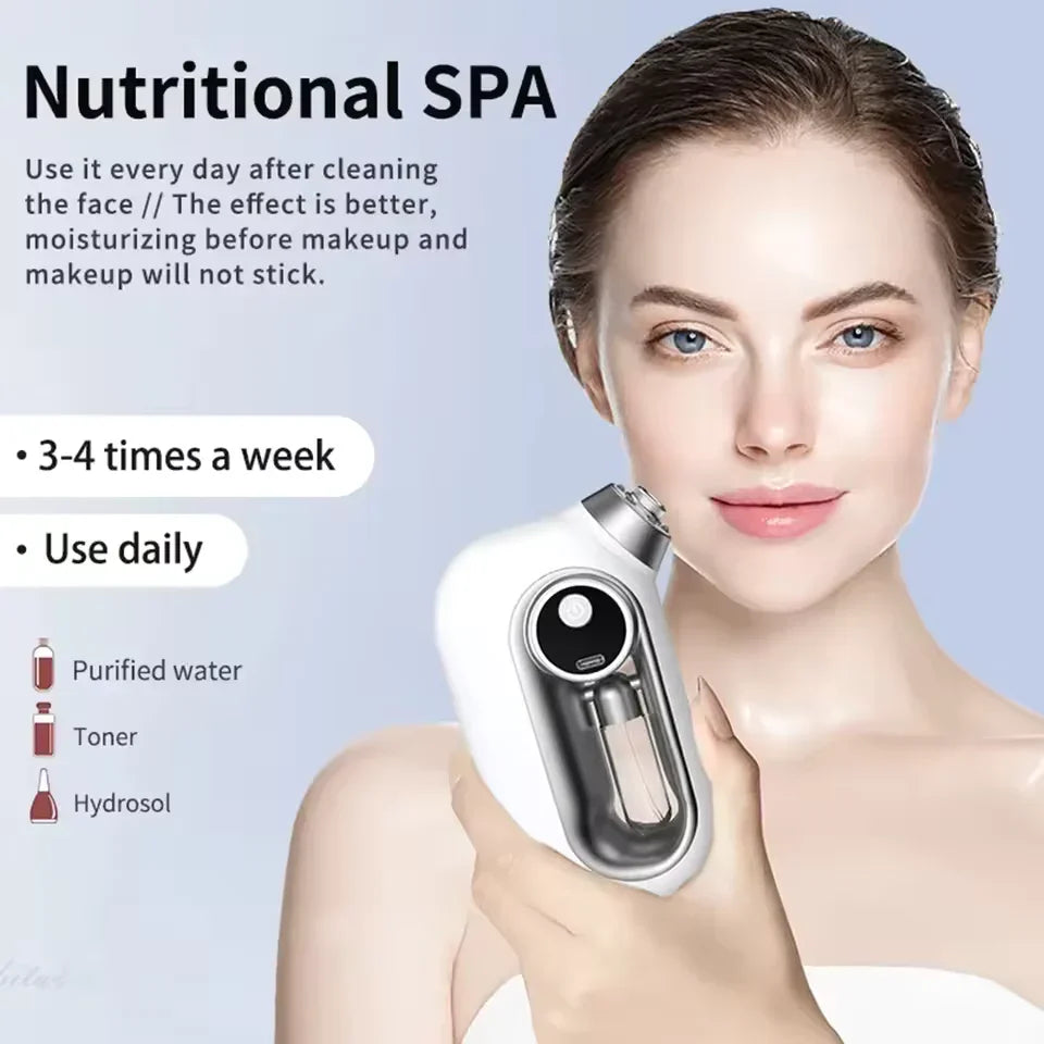 Woman in white tube top holding modern facial mist device with hydrated, glowing skin