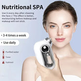 Woman in white tube top holding modern facial mist device with hydrated, glowing skin