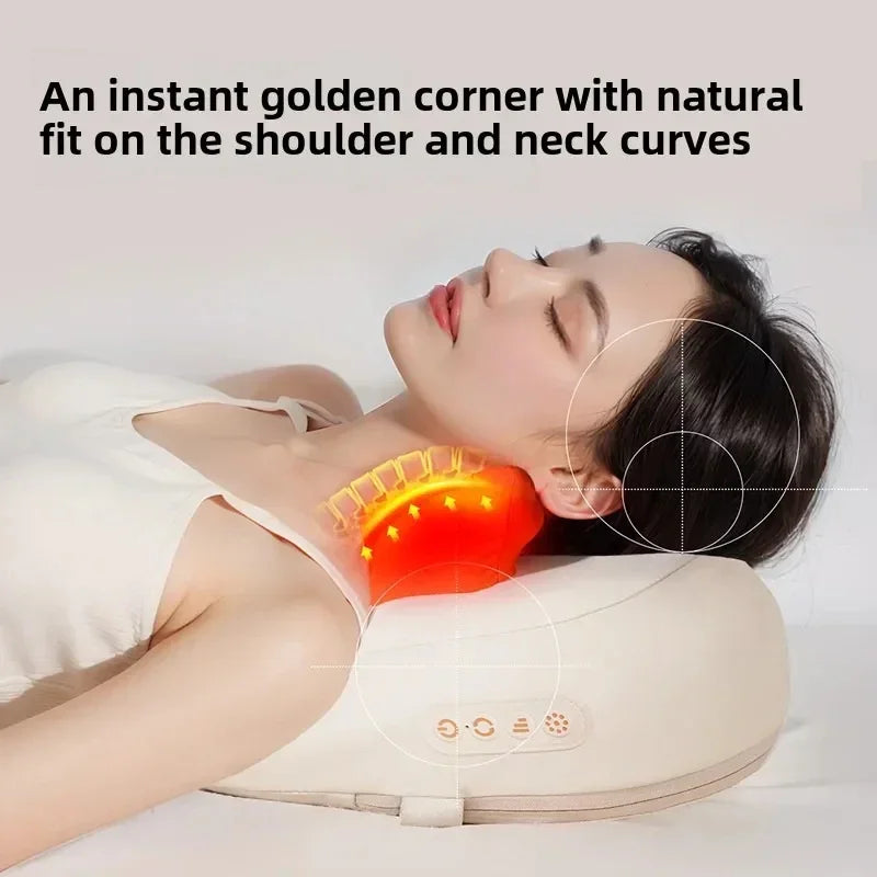 Woman wearing sleeveless white top using ergonomic neck pillow with heated massage feature