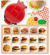 Assorted breakfast sandwiches made with a red sandwich maker, various breads and fillings.