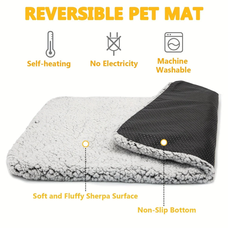 Reversible pet mat with soft sherpa surface and non-slip black bottom, self-heating, machine washable.