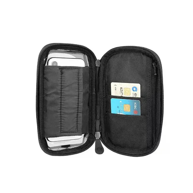 Black zippered wallet with card slots and phone pocket, nylon material, compact fit