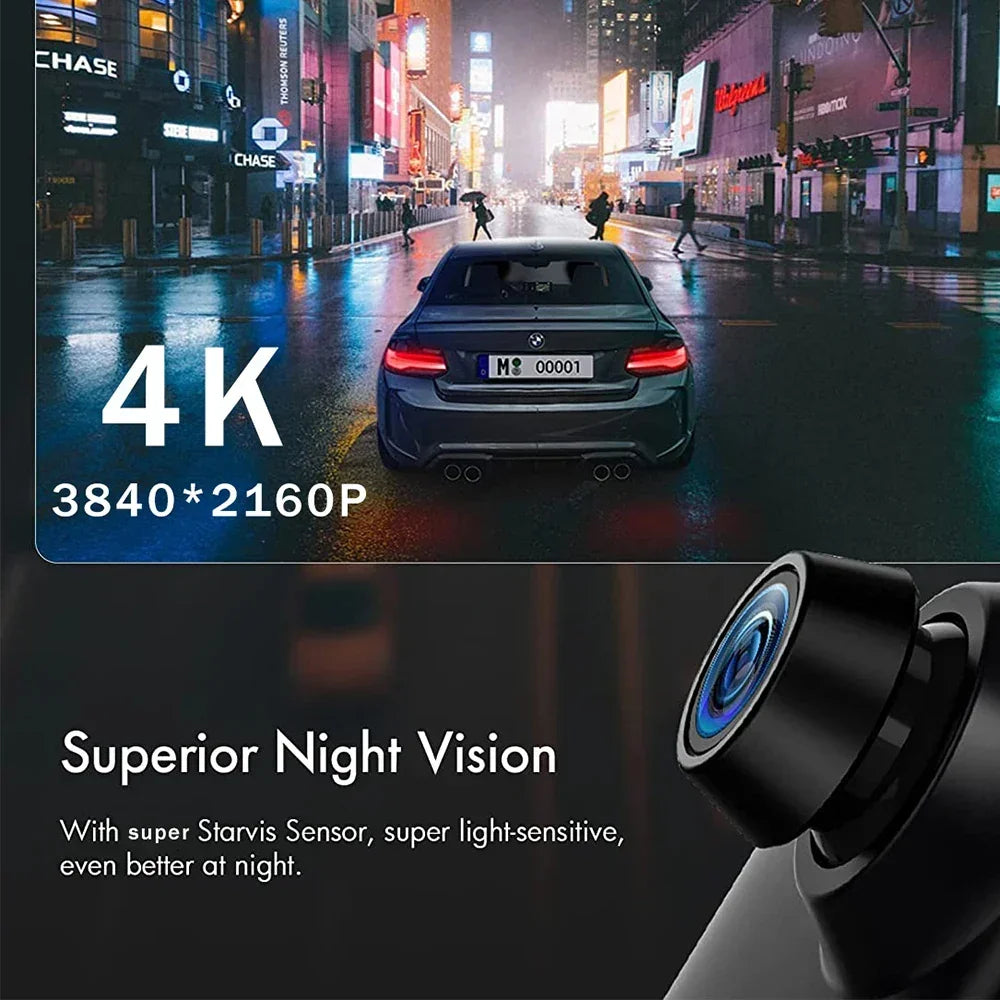 4K night vision dash camera with Starvis sensor, capturing clear city street scene at night