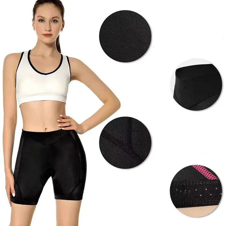 Woman in black high-waisted compression shorts and white crop top, closeup of fabric and stitching
