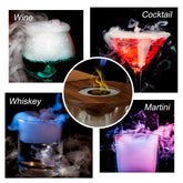 Assorted cocktails in various glasses with colorful smoke effects, showcasing dramatic drink presentation.