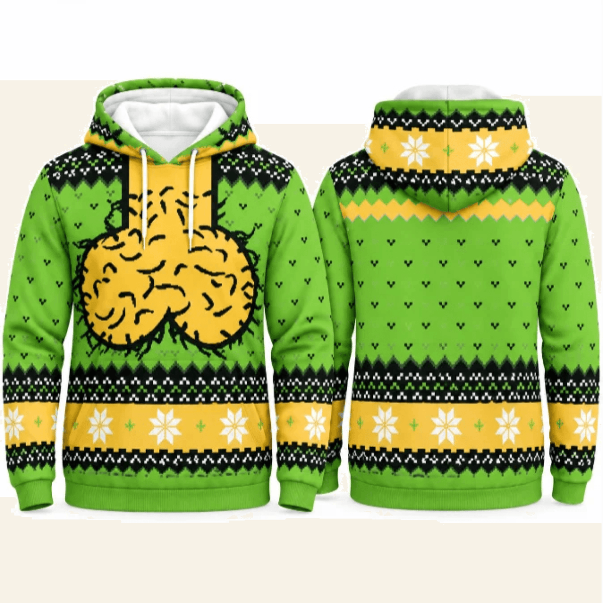 Front and back views of green adult humor Christmas hoodie
