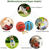 Red and blue rubber dog chew balls filled with treats, shown with dogs playing and chewing for strong teeth and interactive play.