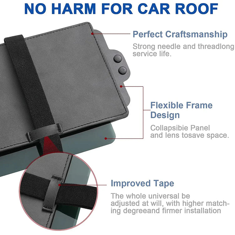 Black synthetic leather car accessory with adjustable strap, flexible collapsible frame, and reinforced stitching for secure roof installation.