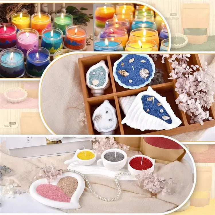 Assorted colorful candles in glass jars and decorative molds, featuring seashell and heart shapes, ideal for home decor and gifting.