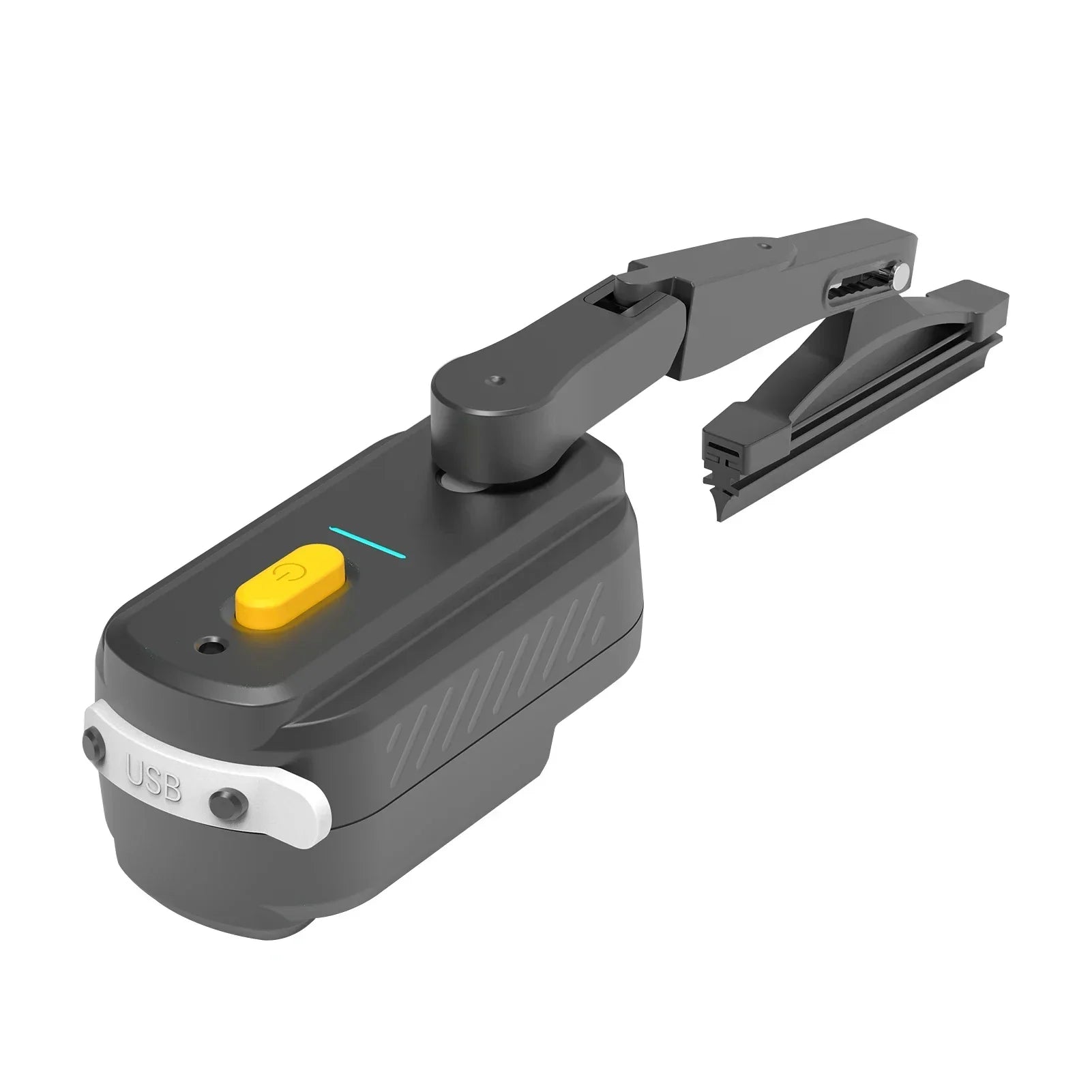 Black and gray folding USB gadget with yellow button and adjustable arm on white background
