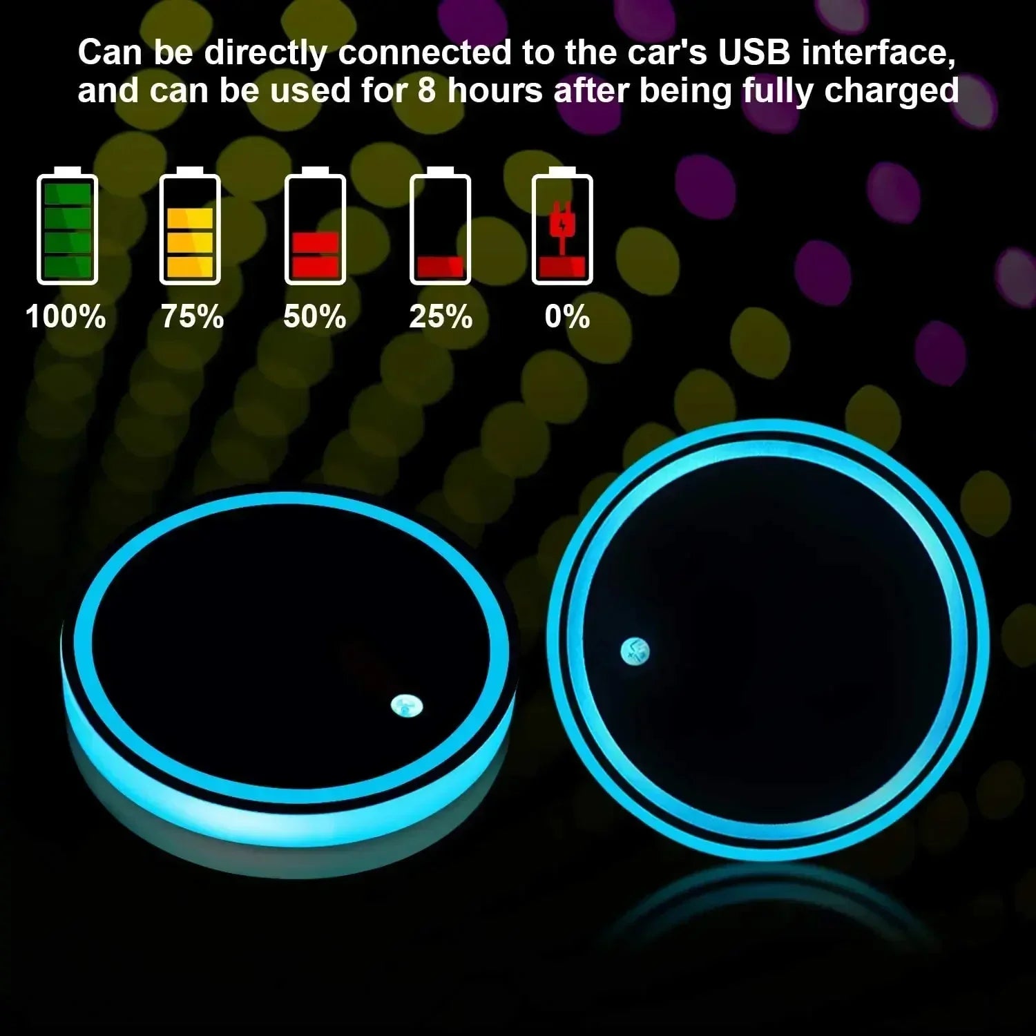 Pair of round black LED car cup holder lights with blue glowing edges, USB rechargeable