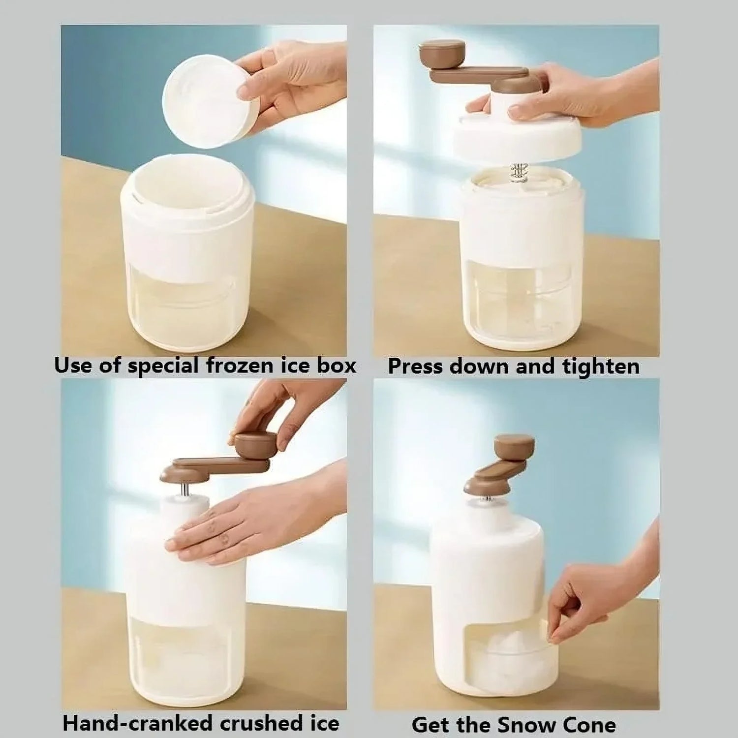Manual ice crusher with white and brown design, showing steps to make shaved ice or snow cones.