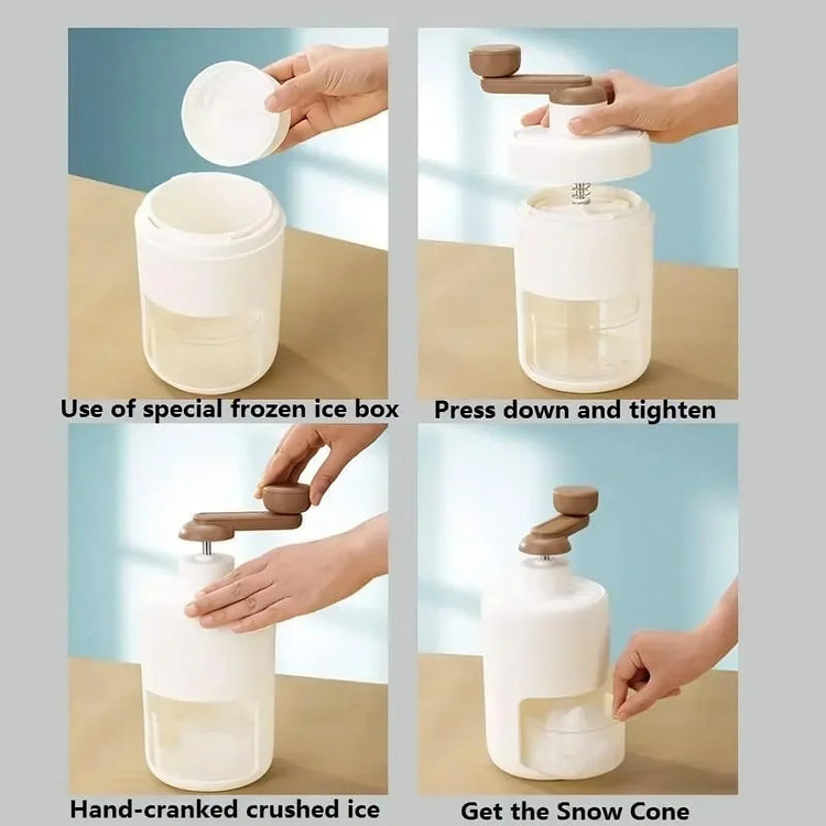 Manual ice crusher with white and brown design, showing steps to make shaved ice or snow cones.