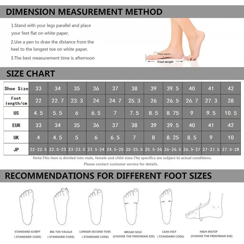 Shoe size chart with foot length guide, various foot shapes, and measurement instructions.