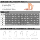 Shoe size chart with foot length guide, various foot shapes, and measurement instructions.
