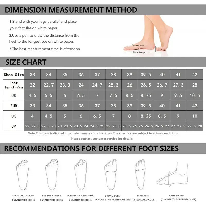 Shoe size chart with foot length guide, various foot shapes, and measurement instructions.