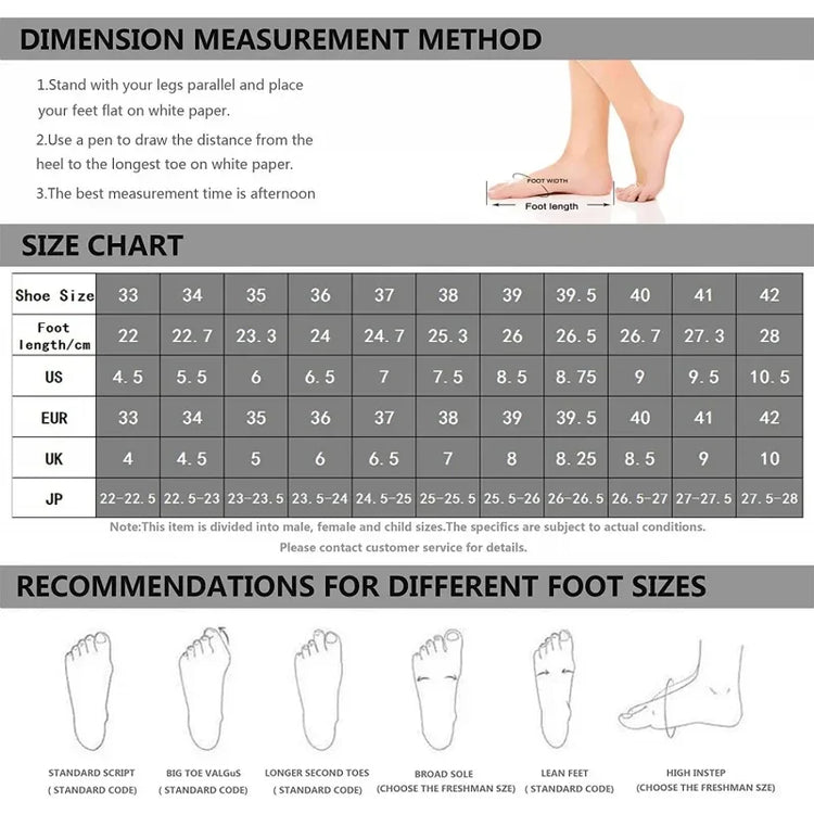Shoe size chart with foot length guide, various foot shapes, and measurement instructions.