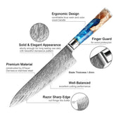 Chef knife with Damascus stainless steel blade, blue resin and wood handle, ergonomic design