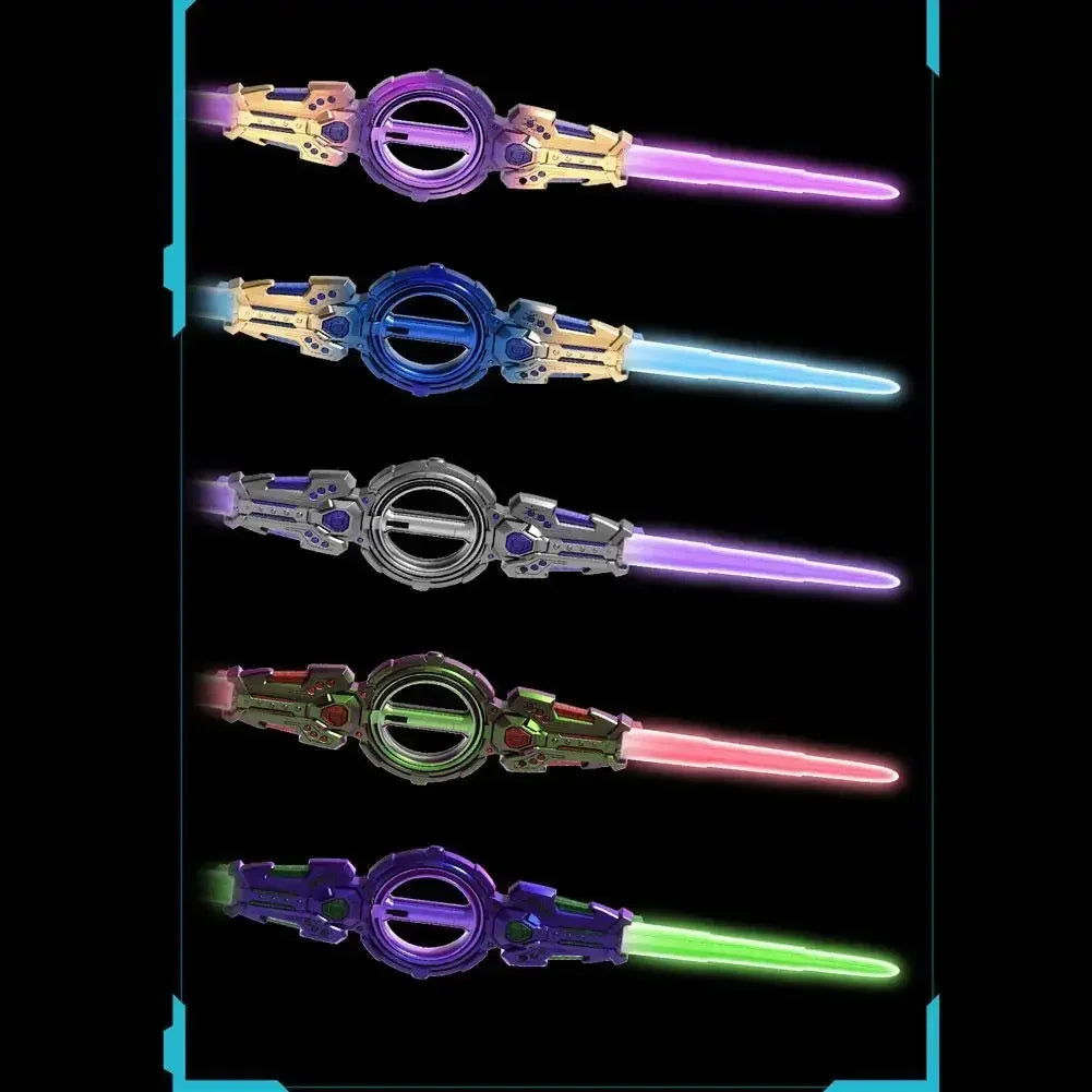 Futuristic LED toy lightsabers in various colors, metallic handles, sleek tech-inspired design