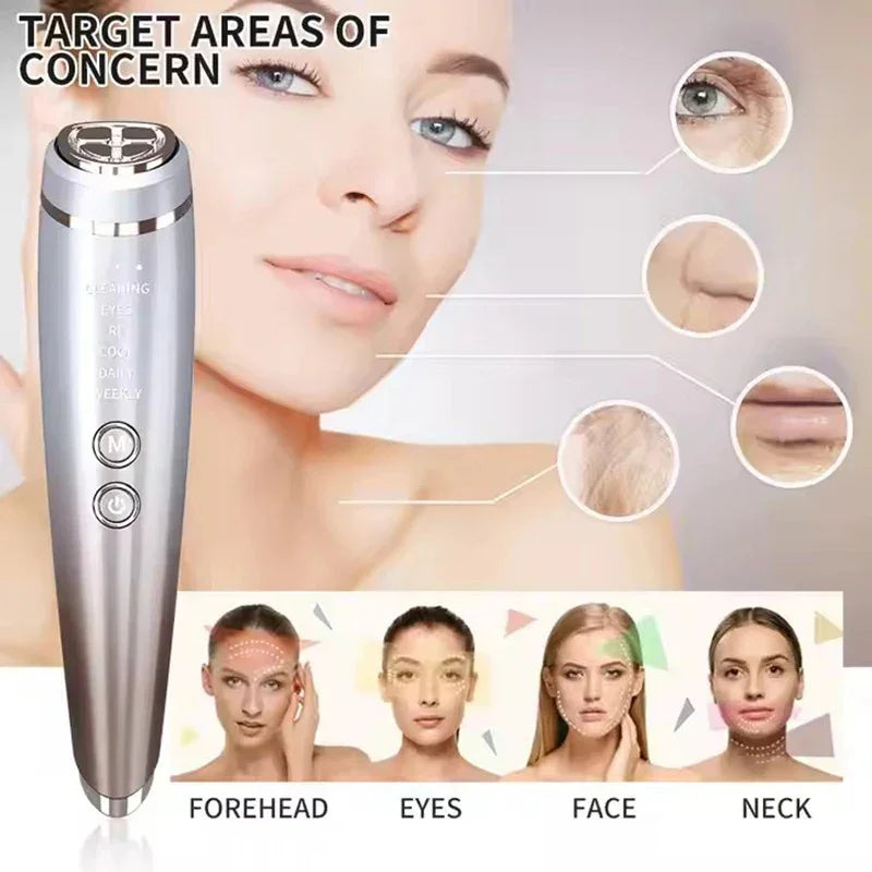 Silver facial massager tool targeting forehead, eyes, face, and neck for skin care