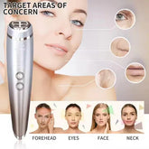 Silver facial massager tool targeting forehead, eyes, face, and neck for skin care