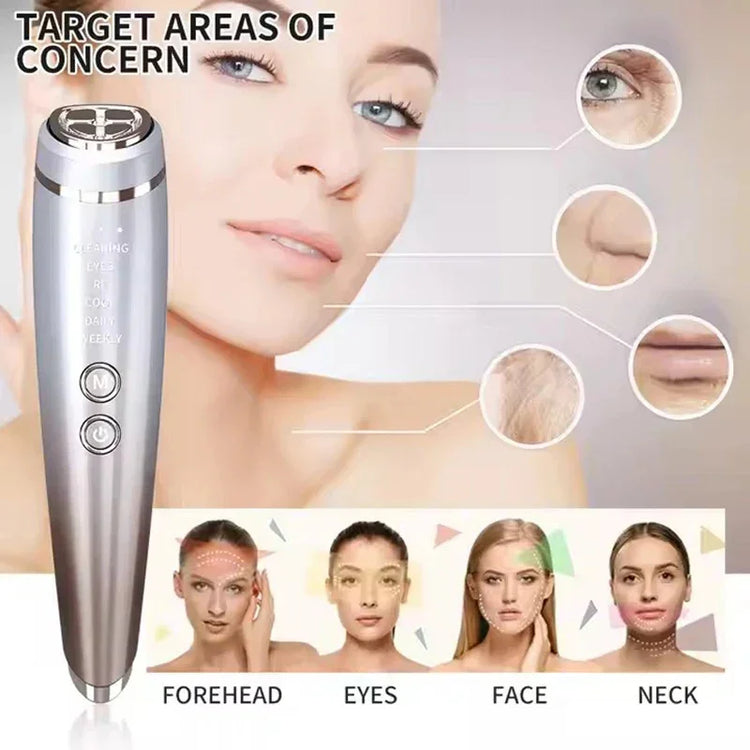 Silver facial massager tool targeting forehead, eyes, face, and neck for skin care