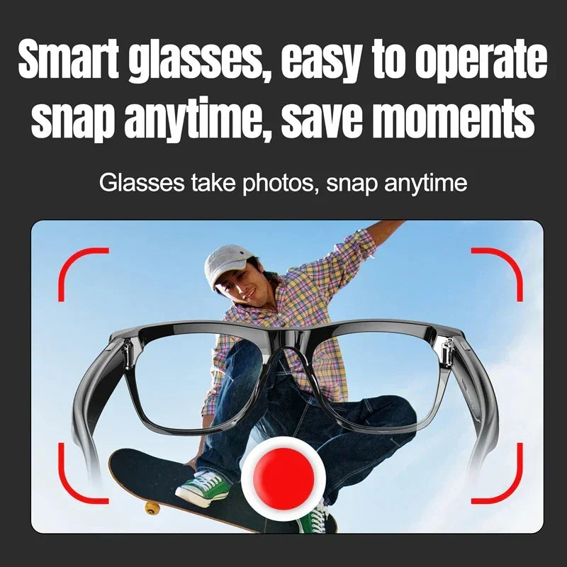 Black smart glasses with camera lens, clear frame, photographed against a skateboarder in casual streetwear.