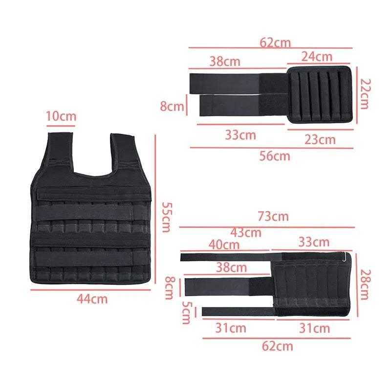 Black tactical vest with adjustable straps, polyester material, detailed size measurements, streetwear style.