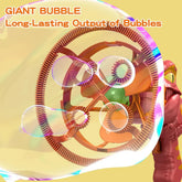 Close-up of a red and orange plastic bubble blower toy producing large bubbles against a yellow background.