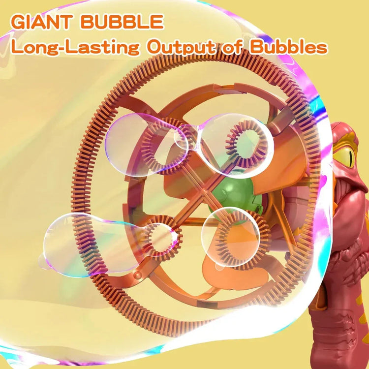 Close-up of a red and orange plastic bubble blower toy producing large bubbles against a yellow background.