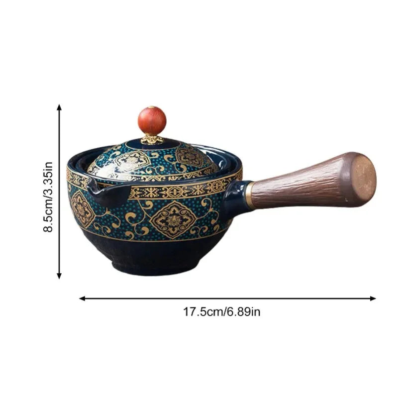 Ornate blue and gold ceramic saucepan with lid, wooden handle, and decorative pattern, 17.5cm long