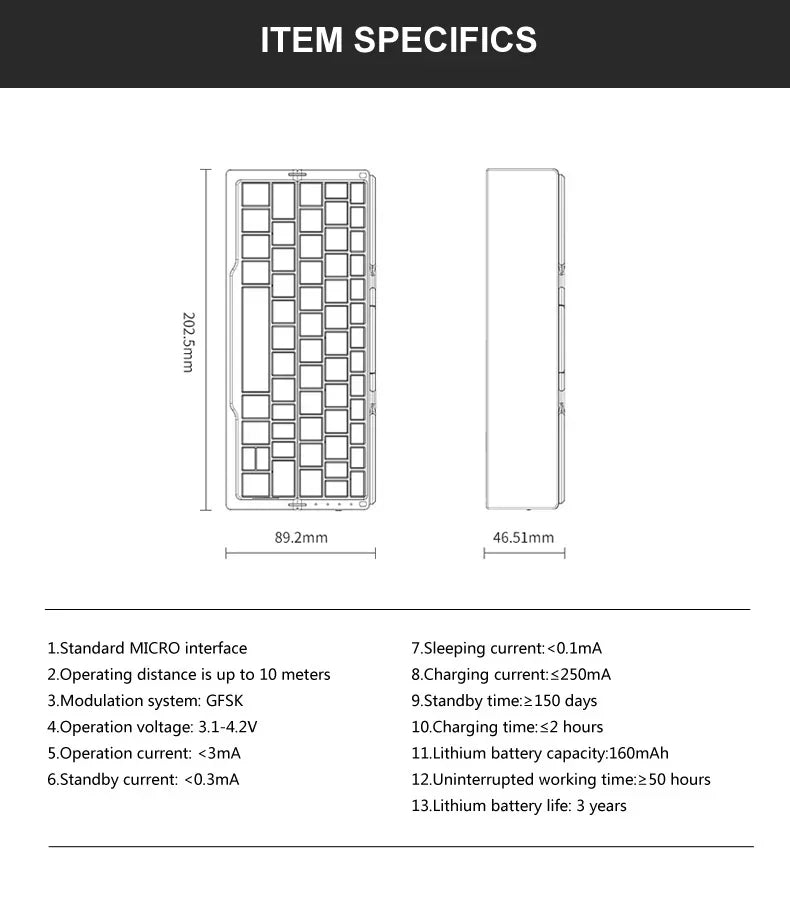 Technical drawing of compact wireless keyboard case with dimensions, interface, and power specs listed below.