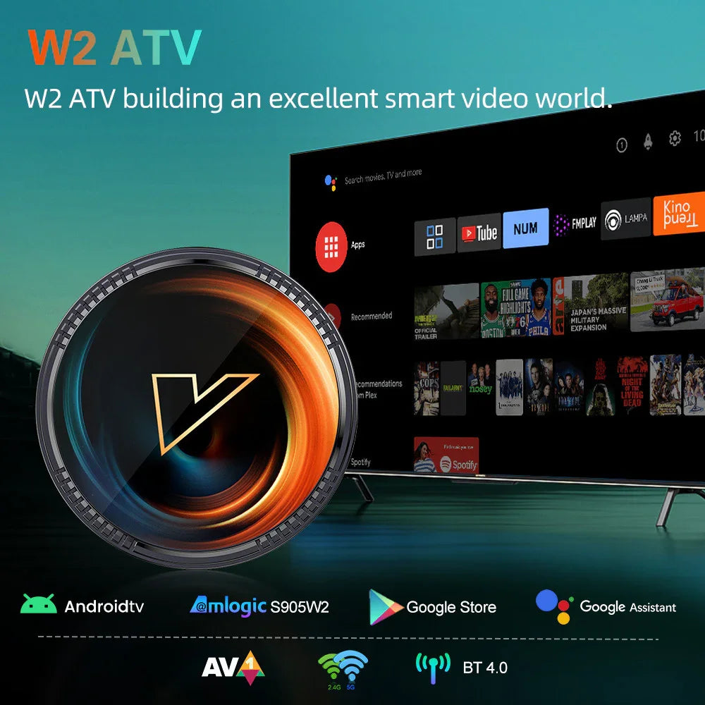 Smart TV interface with media apps, Android TV device, and tech icons on a modern screen.
