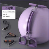Purple exercise ball set with resistance bands, grips, and door latch on gray background