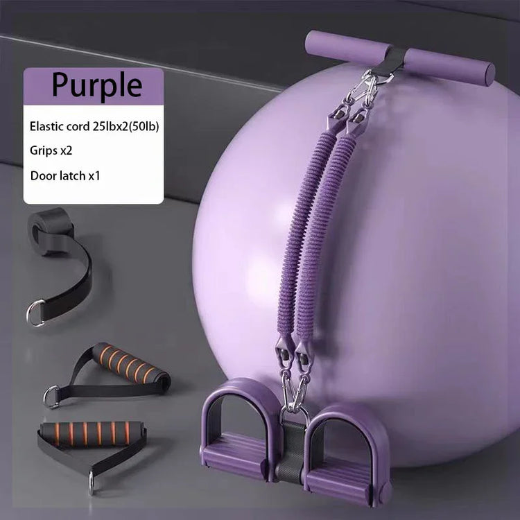 Purple exercise ball set with resistance bands, grips, and door latch on gray background