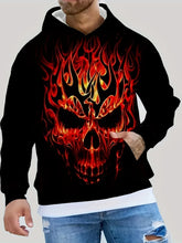 Black hoodie with bold flaming skull graphic, relaxed fit, worn with distressed jeans