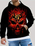 Black hoodie with bold flaming skull graphic, relaxed fit, worn with distressed jeans