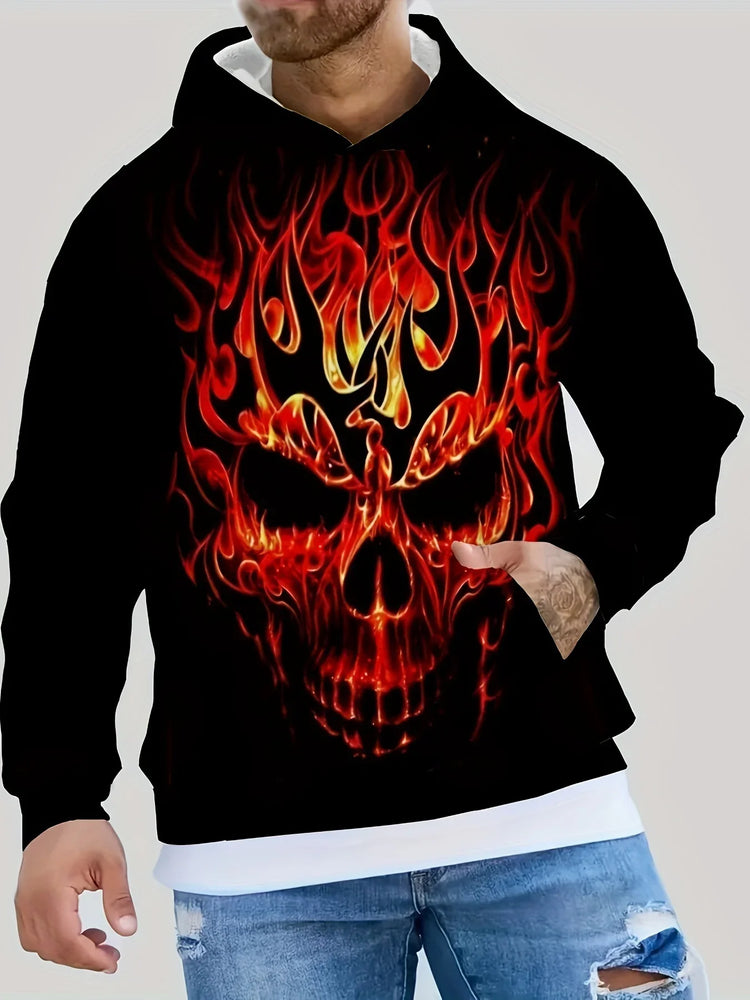 Black hoodie with bold flaming skull graphic, relaxed fit, worn with distressed jeans
