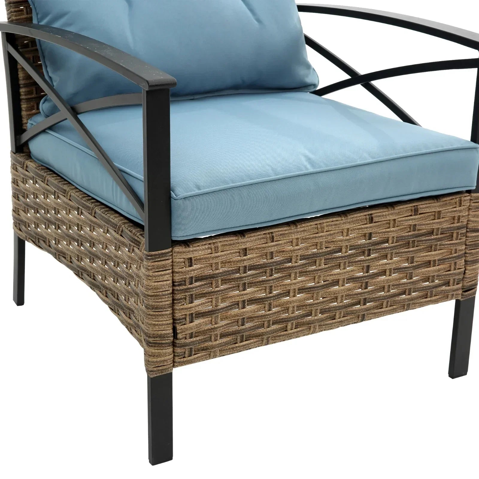 Modern outdoor chair with light blue cushions, woven rattan base, and black metal frame