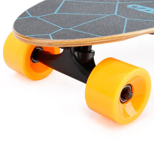 Close-up of a skateboard with a wooden deck, black grip tape, and bright yellow wheels