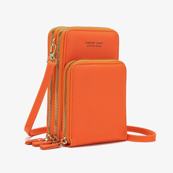 Orange faux leather crossbody bag with multiple zippered compartments and slim fit design