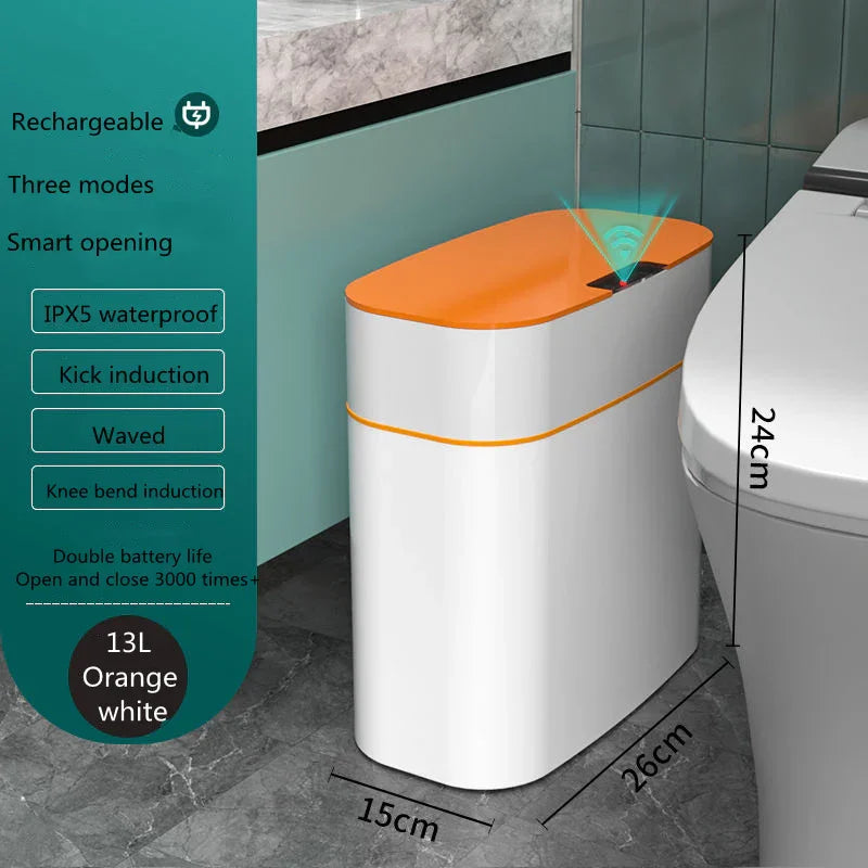Orange and white rectangular smart trash can with sensor, waterproof, 13L, for bathroom