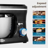 Black stand mixer with stainless steel bowl, 8 speed adjustment dial, and mixing options guide.