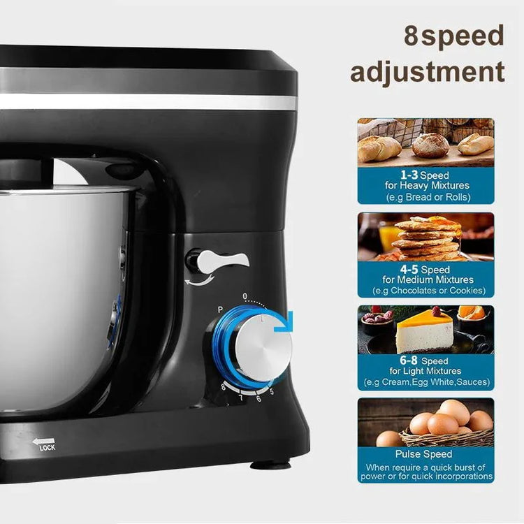 Black stand mixer with stainless steel bowl, 8 speed adjustment dial, and mixing options guide.